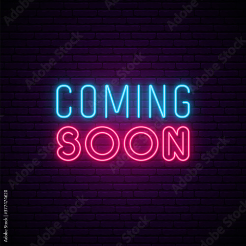 Coming Soon neon sign. Concept neon design for promotion, announcement and advensing. Coming soon glowing text. Vector Illustration.
