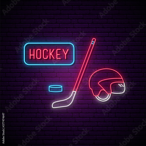 Hockey neon signboard. Glowing neon hokey attributes. Sport games advertisement design. Vector illustration.