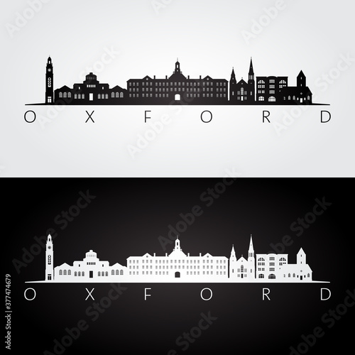 Oxford, Ohio skyline and landmarks silhouette, black and white design, vector illustration.