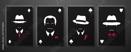Four aces with mafia men silhouettes. Playing card set. Stock vector illustration. photo