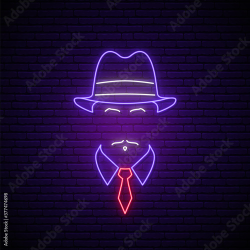 Mafioso neon sign. Man in hat icon. Neon signboard. Mafia symbol in neon style. Stock vector illustration.