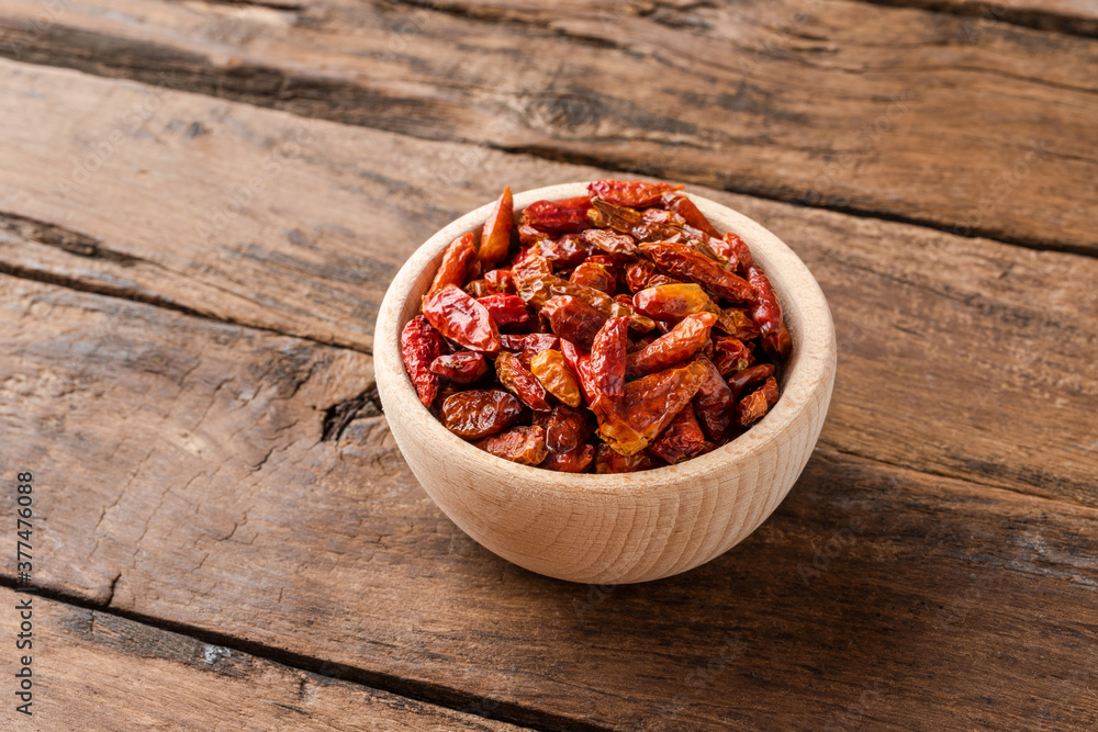 Overhead shot of dried piripiri pepper in bowl Overhead shot of dried piripiri pepper in bowl
