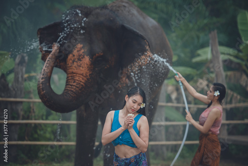 Photography Asian elephants and beautiful women in Thai national costumes play in Songkran water with elephants in Thailand