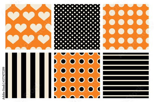 Set of 6 seamless patterns in black and orange polka dot, with hearts and stripes. Happy Halloween.