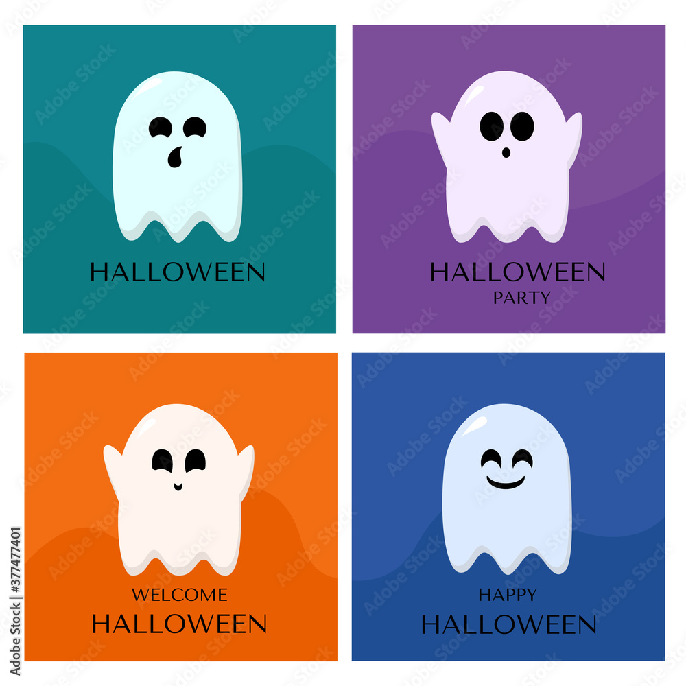 Fototapeta premium Halloween invitation or greeting cards set. Halloween ghosts on postcards. Cute cartoon spooky character.