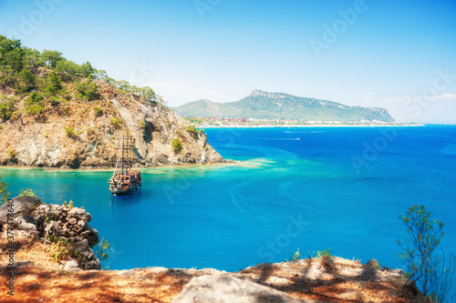 Beautiful sea coast "Paradise bay" near Kemer, Turkey. Summer seascape. Famous travel destination