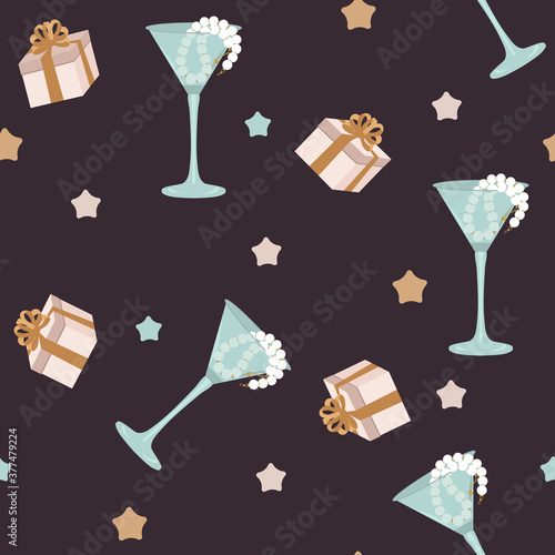 Seamless festive pattern with beads,wine glass and gifts