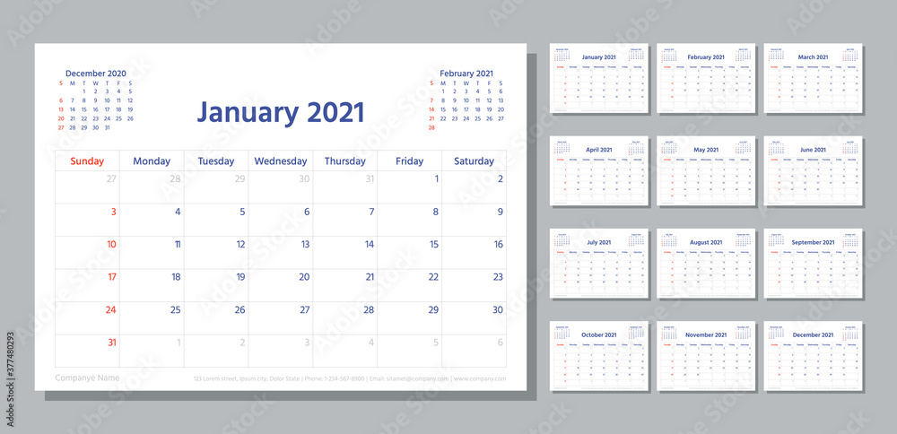 Planner 2021 year. Week starts Sunday. Calendar template. Vector. Modern schedule grid. Yearly stationery organizer. Calender layout. Horizontal orientation. Monthly corporate diary. Illustration. - obrazy, fototapety, plakaty 