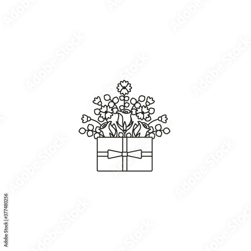 Roses and wildflowers in a box - thin line icon on isolated white background. Bunch of flowers in a container - vector illustration in simple linear design.