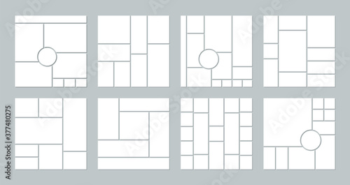 Photo collage grid. Vector. Mood board template. Set of picture grids. Mosaic frame banner. Photography album layout. Moodboard background. Gallery mockup.  Simple illustration. Branding presentation.