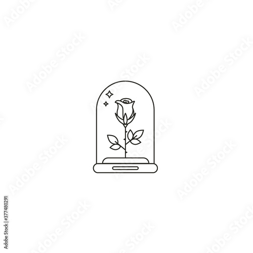 Forever rose in glass dome thin line icon on isolated white background. Lifelong preserved flower from beaty and the beast fairy tale.