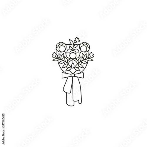 Peony flowers wrapped in paper flat thin line icon on isolated white background. Flower bouquet linear sign, template, design concept.