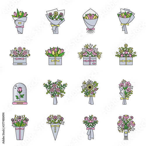 Set of flower bouquet flat color line icons. Collection of flowers in wrapping paper and boxes. Bunch of roses, tulips, wildflowers in thin linear design. Floral composition vector illustration.