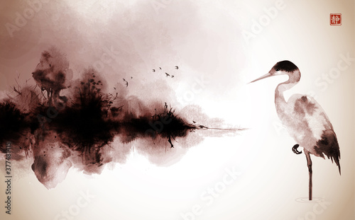 Fotografie Ink wash painting with heron and misty island with forest trees in vintage style