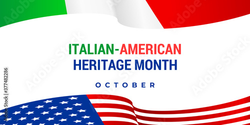 Italian american heritage month. Vector web banner, card, poster for social networks and media. Italian and American flying flag and the text of the Italian-american heritage month.