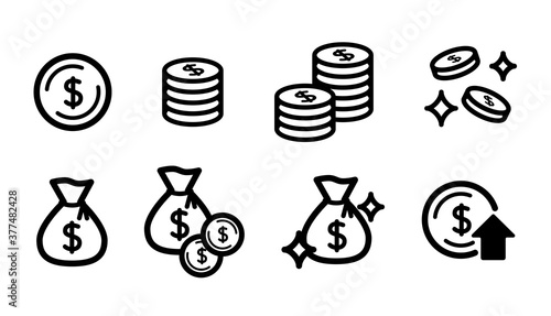 お金のアイコンのセット／ドル／$／アメリカ通貨／硬貨／貯金／現金袋