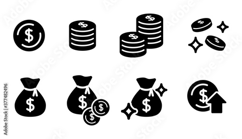 お金のアイコンのセット／ドル／$／アメリカ通貨／硬貨／貯金／現金袋