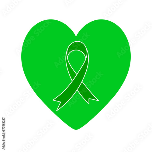 Green ribbon and green heart. Vector symbol isolated on white. Problems of cerebral palsy, mental health, organ donation, kidney cancer