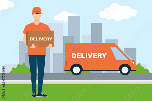 A young man delivered a box on a car. Delivery to the door. Vector illustration