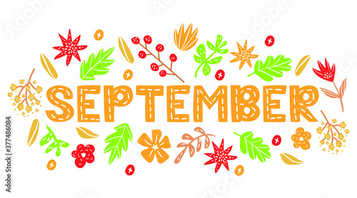 September - Hand drawn lettering month name. Handwritten month September for calendar, monthly logo, bullet journal or monthly organizer. Vector illustration isolated on white. EPS 10