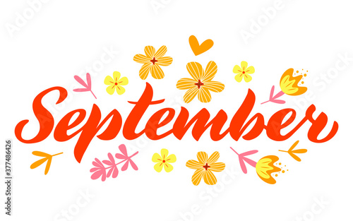 September - Hand drawn lettering month name. Handwritten month September for calendar, monthly logo, bullet journal or monthly organizer. Vector illustration isolated on white. EPS 10