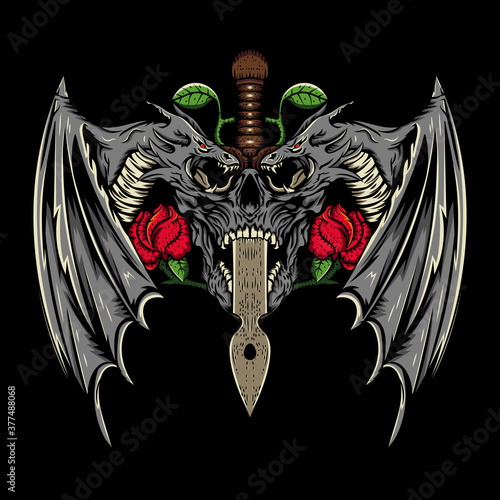 skull dragon and sword illustration.