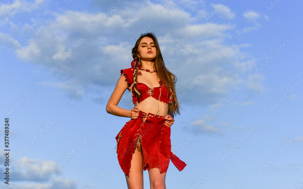 Erotic temptation. female being cougar. sexy woman wear suede leather. hot  summer weather. wild and dangerous. beautiful hairstyle. sensual amazon  woman sky background. ethnic tribal fashion Stock Photo | Adobe Stock