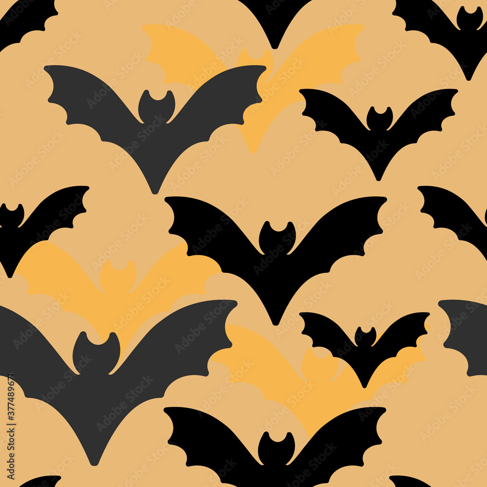 Bat Seamless Pattern. Cute cartoon black, grey and orange bats . Halloween, vector