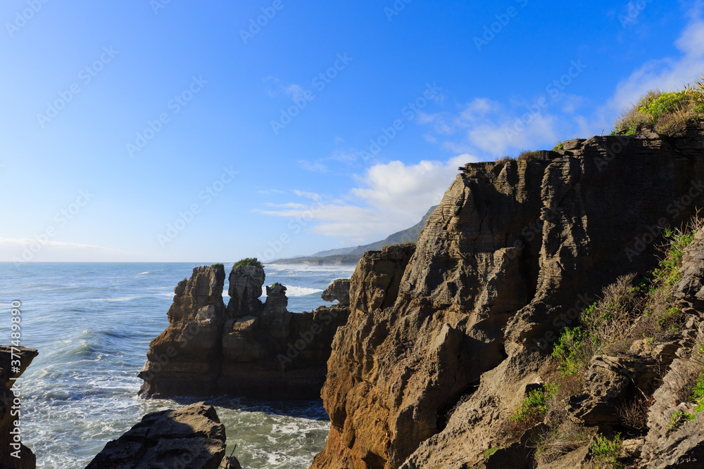 The famous Pancake Rocks near Punakaiki on the west coast of south island in New Zealand.