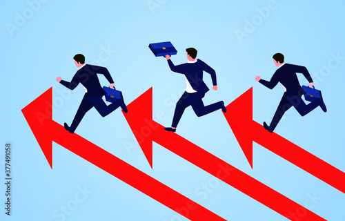 Three businessmen running along the upwardly growing arrow