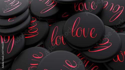 Принти на полотні Elegant love word in red on black circular pin badges