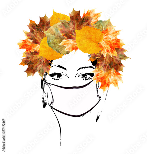 Fototapeta Naklejka Na Ścianę i Meble -  Watercolor girl wearing respirator fase mask to protect from virus. Autumn leaves, fall wreath and beauty girl face. Fashion illustration. Nurse face