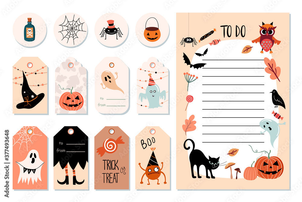 Halloween hanged labels and To Do list with specific cute elements, hand drawn vector illustration. 
