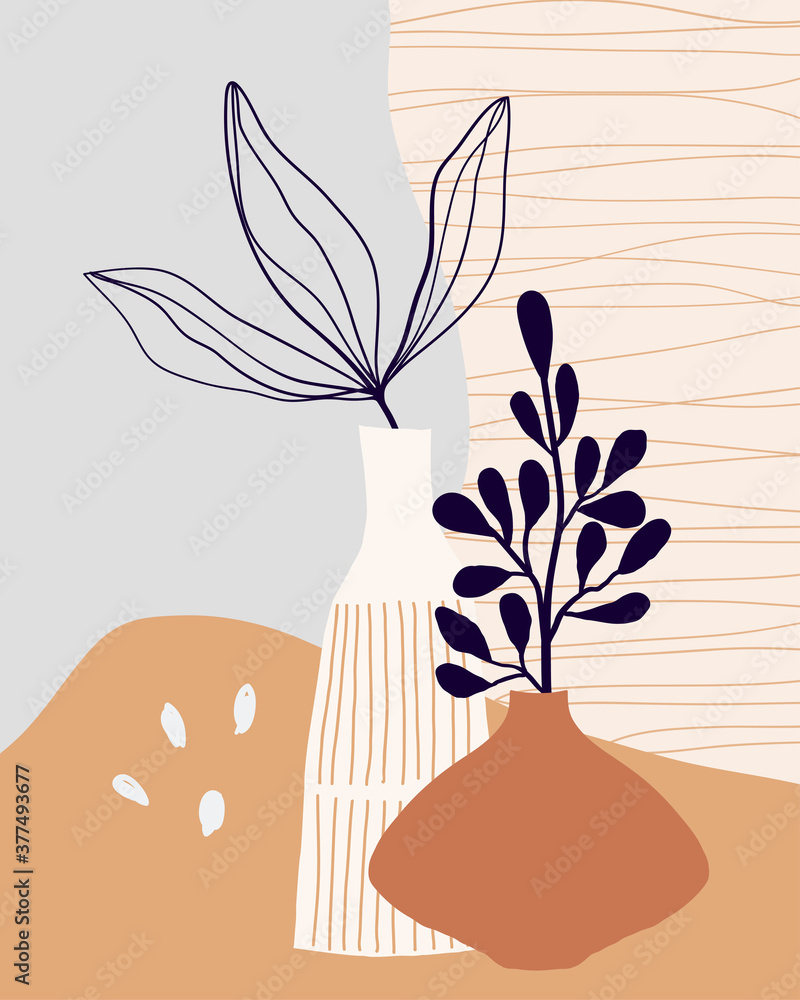 Minimalist art line wall art, poster, background with decorative leaves in vase. Modern contemporary design.
 - obrazy, fototapety, plakaty 