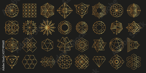 Vector set of linear shapes. Collection of golden geometric shapes on a dark background. Vector set of abstract geometric logos. Art deco, hipster, golden line style.
