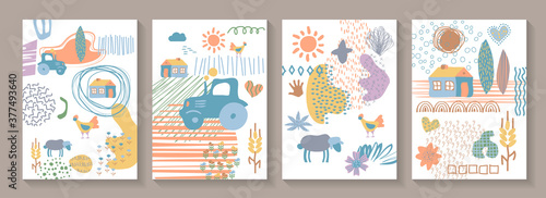 Hand drawn various shapes and rural elements. Set of covers. Abstract contemporary modern trendy vector illustrations.  Various shapes, doodle objects, farm items. 