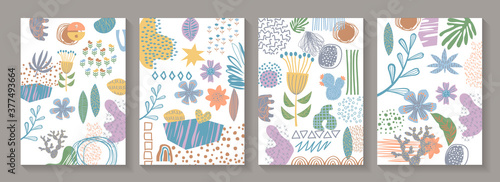 Hand drawn various shapes and plants. Set of covers. Abstract contemporary modern trendy vector illustrations. Various shapes, doodle objects, flowers and plants. Contemporary modern background set. 