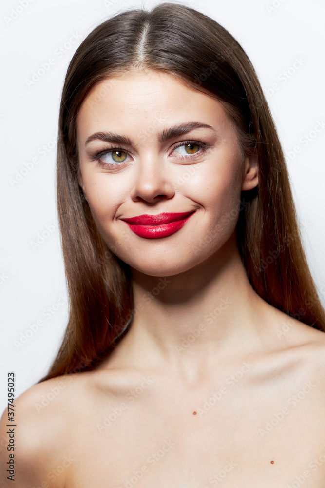 Woman portrait Smile red lips look towards spa treatments clear skin Woman portrait Smile red lips look towards spa treatments clear skin