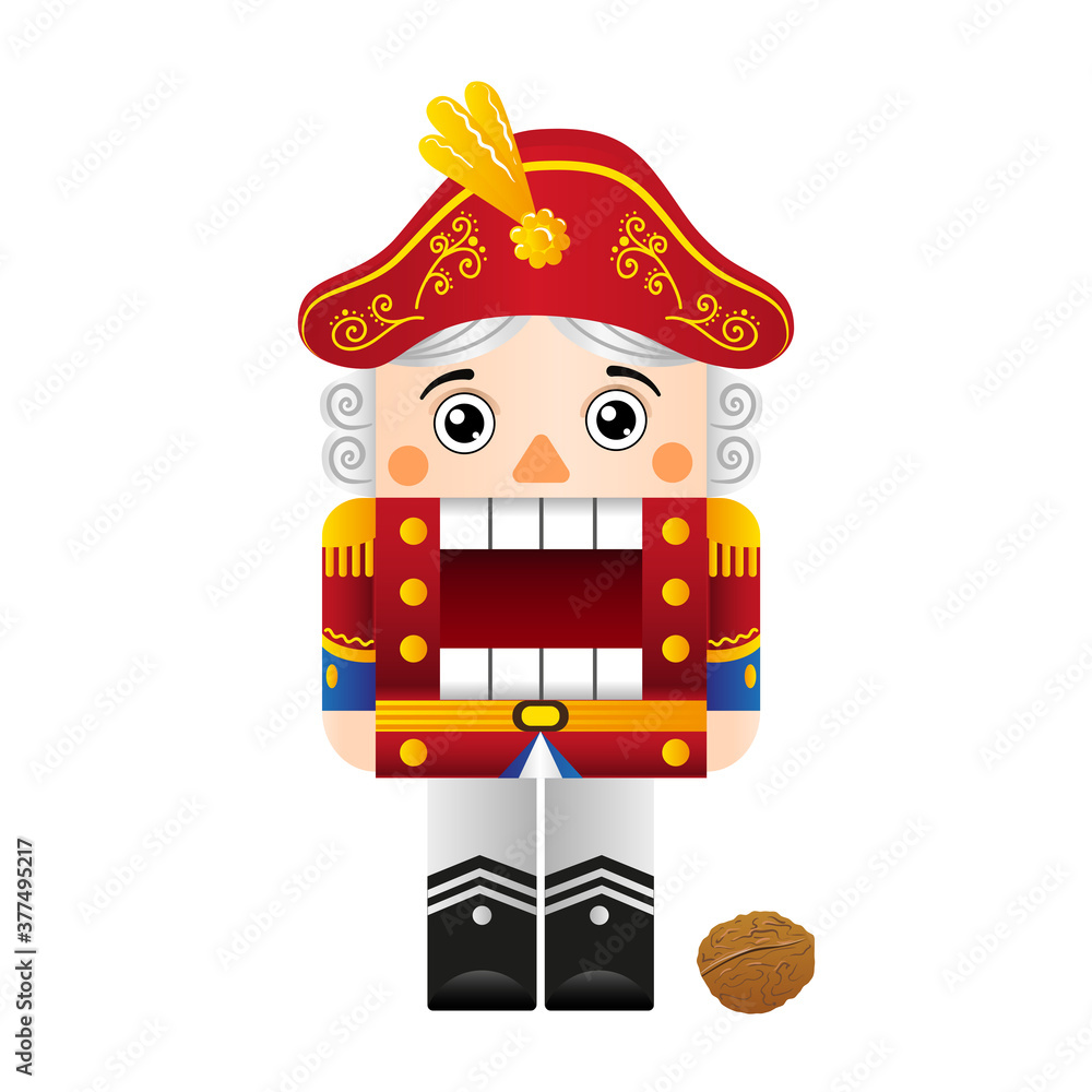 Fototapeta premium The Nutcracker is a Cute character from a winter fairy tale. Cartoon flat style for holiday cards, posters for Christmas, New year.