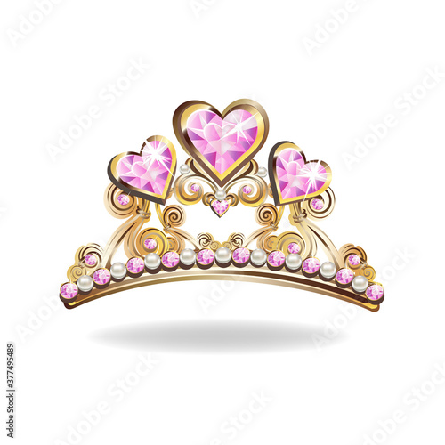 Beautiful golden princess crown with pearls and pink jewels. Vector illustration on white background.