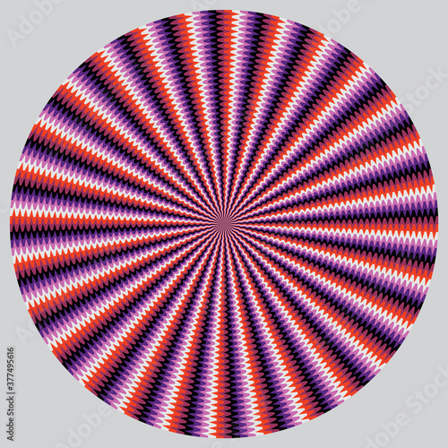Optical illusion with motion effect vector background. Wavy stripes move around center.