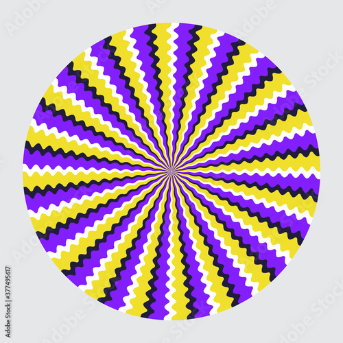 Optical illusion with motion effect vector background. Wavy stripes move around center.