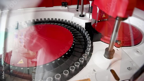 Close up shot of blood samples spinning in centrifuge during fractionation process.