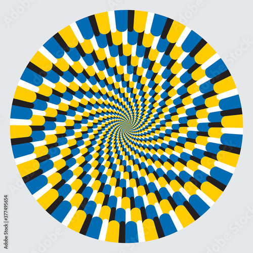 Optical illusion with motion effect vector background. Wavy stripes move around center.