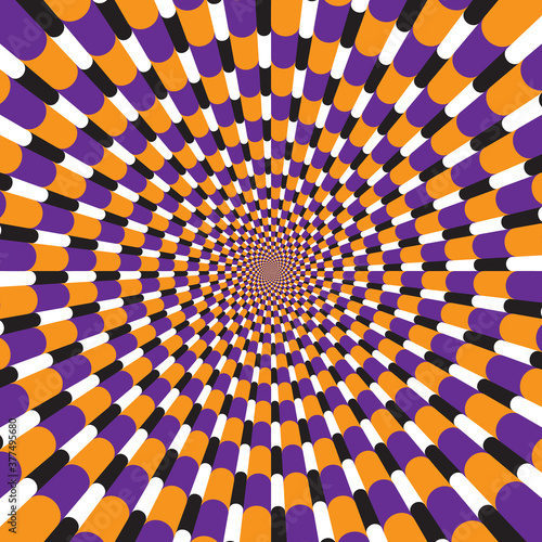 Optical illusion with motion effect vector background. Wavy stripes move around center.