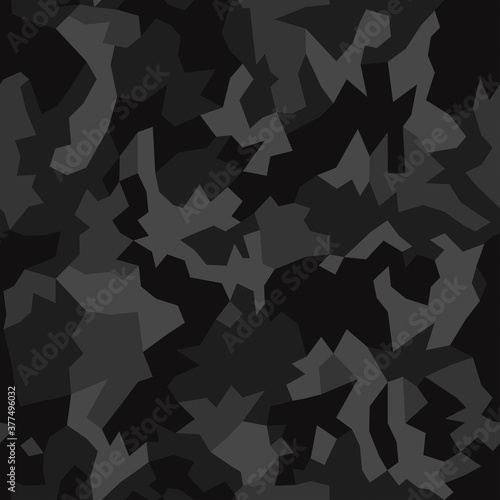 Military camouflage, repeats seamless texture. Camo geometric pattern for Army Clothing. Black color, fabric hunting. Vector illustration.