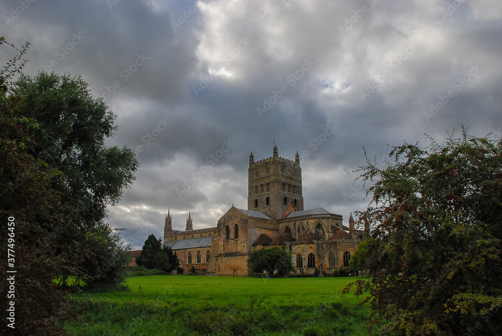 Clouds over Tewkesbury Abbey in Gloucestershire, England