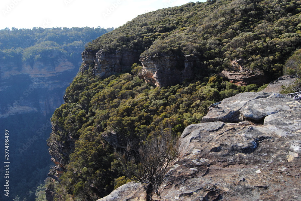 Hiking near waterfalls in Wentworth Falls in Blue Mountains national park, Australia