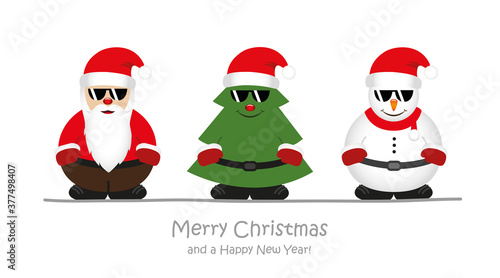 cool santa christmas tree and snowman cartoon with sunglasses vector illustration EPS10