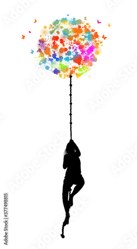 The girl climbs up the rope. Vector illustration. Never give up.